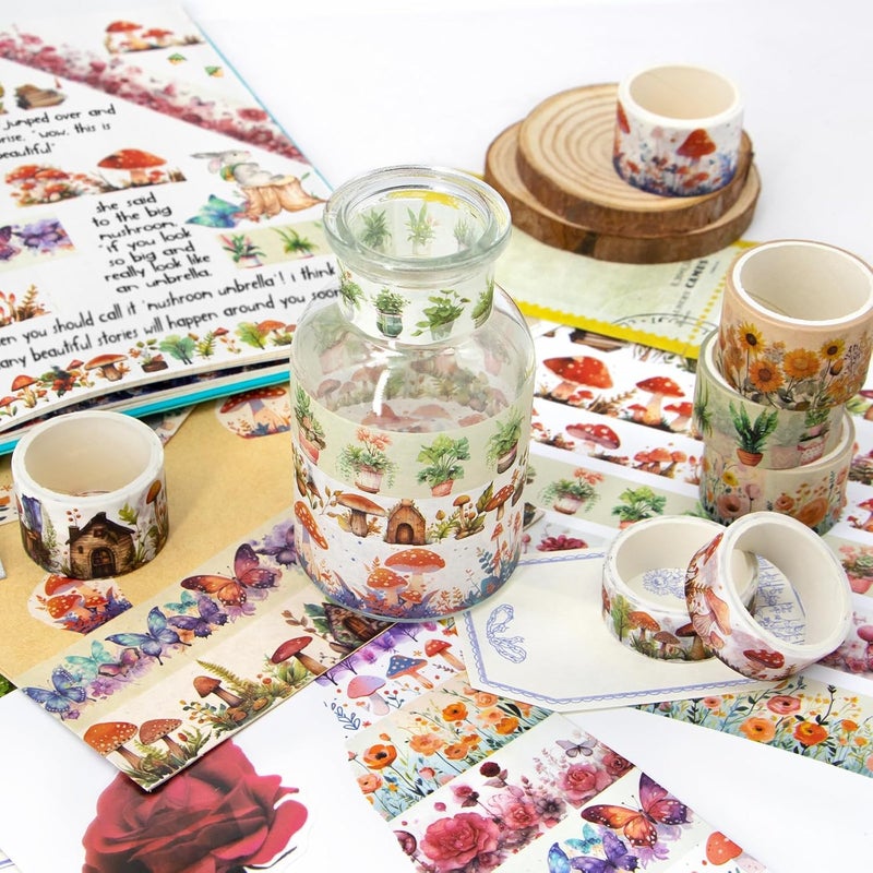 KOVANO Washi Tape Set 13 Rolls - Mushroom Butterfly Floral Decorative Tape, Colored Masking Tape for Scrapbooking Supplies, Bullet Journal Supplies, Junk Journal, DIY Crafts Art - Image 5